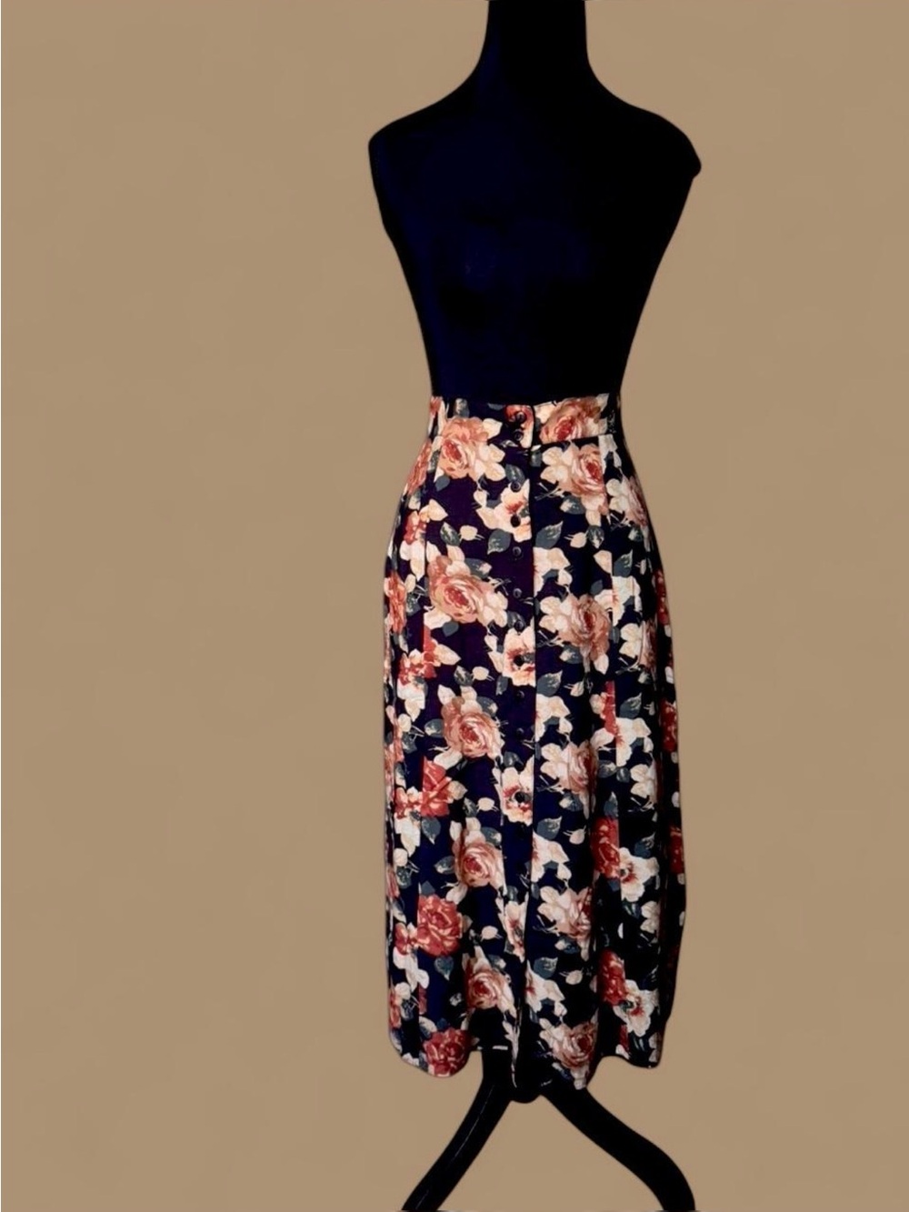Vintage 100% Rayon Floral Midi Skirt with Rose Print